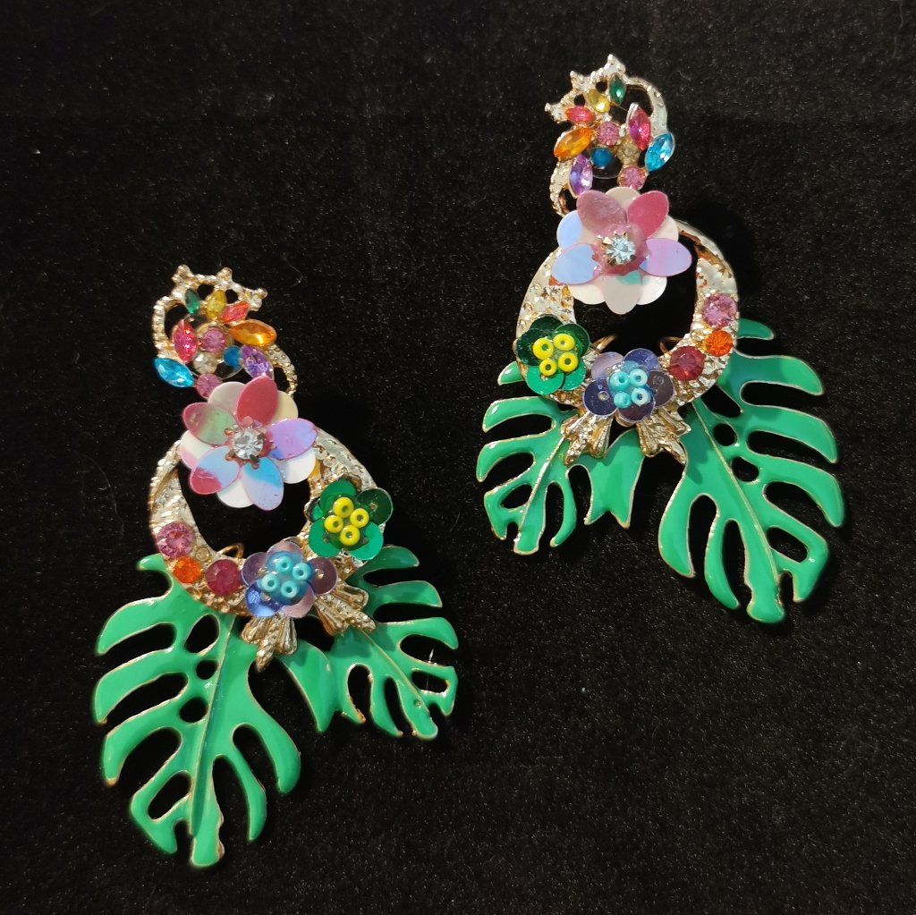 Colorful Boho Tropical Floral Monstera Statement Drop Earrings 14$